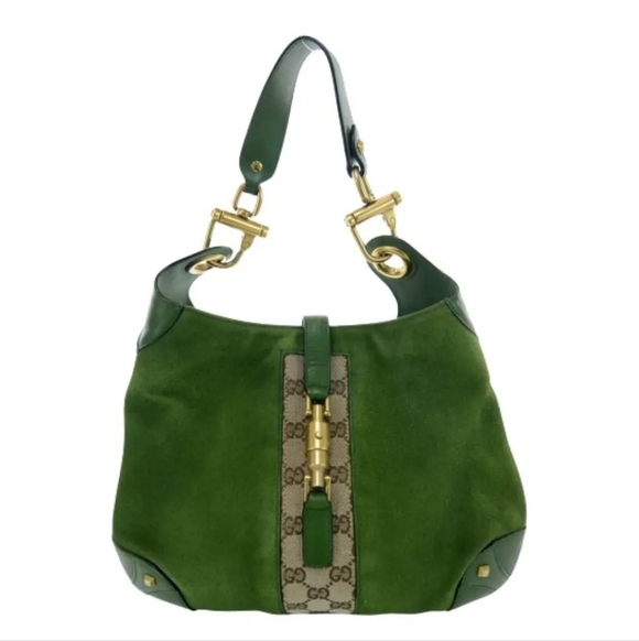 Gucci Handbags - Gucci Olive Suede Shoulder Bag with GG Detail and Gold Hardware VINTAGE JACKIE
